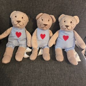 Beige Teddy Bear Trio with Blue Stripes and Red Heart